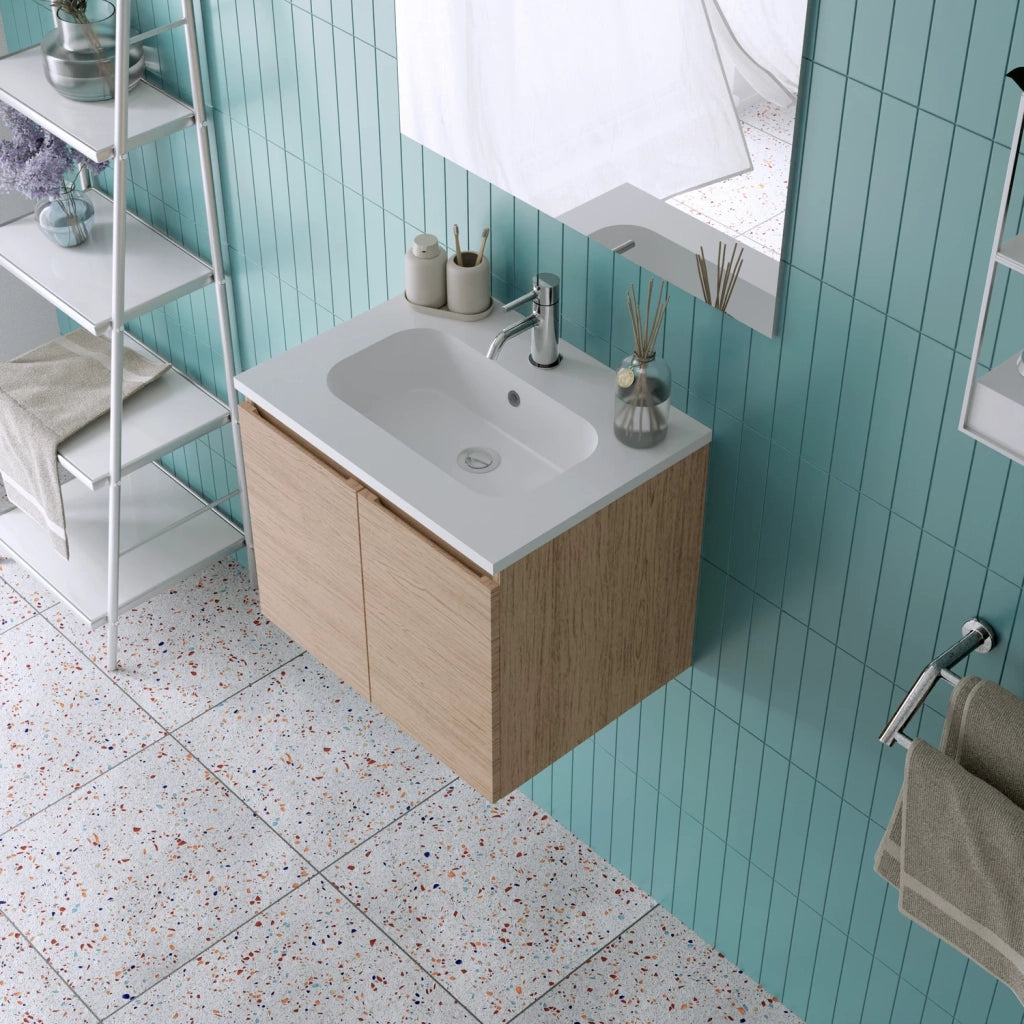 Mobile da bagno sospeso 60cm rovere chiaro con lavabo e specchio | Rata