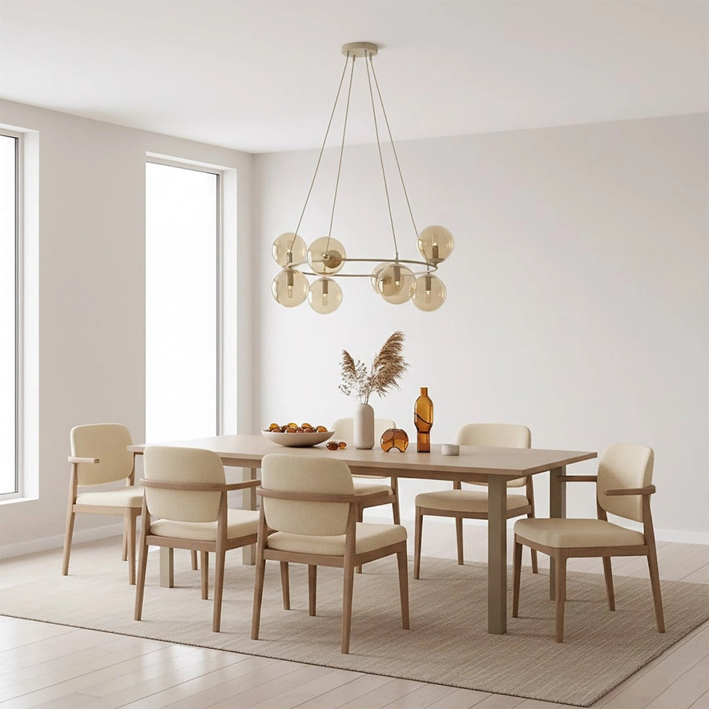 Lampada a sospensione AZURA in acciaio beige e sfere in vetro ambra