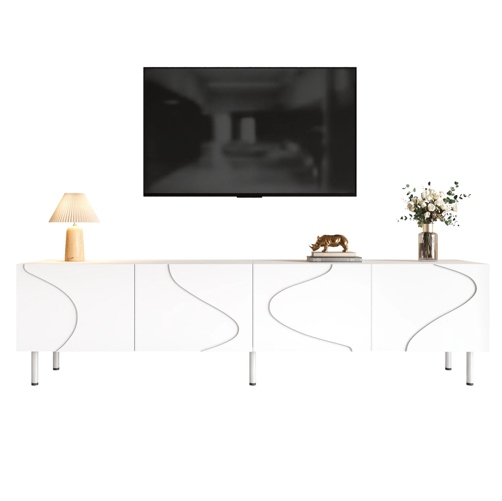 Mobile TV moderno bianco con 4 ante push-to-open e passacavi, 170x35x50 cm