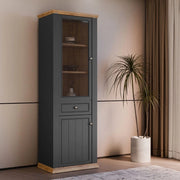 Vetrina Essenza 1 Anta Vetro e 1 Anta con Cassetto grigio scuro e Rovere 202 cm – Stile Classico
