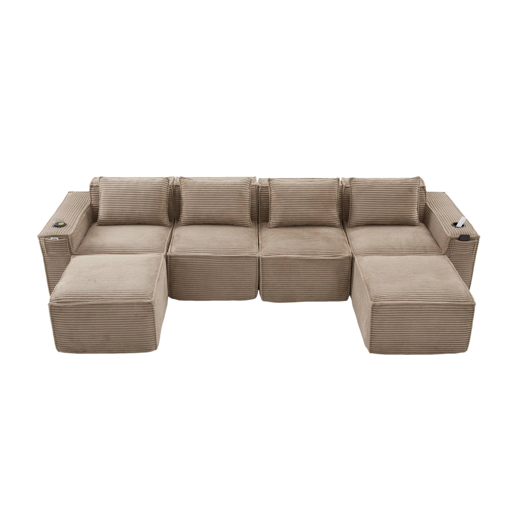 Divano modulare in corduroy khaki con portabicchieri, tasche laterali e 2 pouf