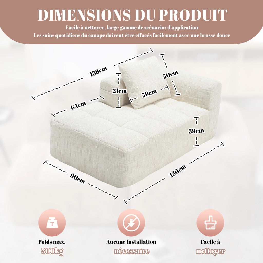 Méridienne Divano Chaise Longue con Cuscino e Tasche Laterali, Design Ergonomico, in Ciniglia, Beige 158 × 90 × 60 cm