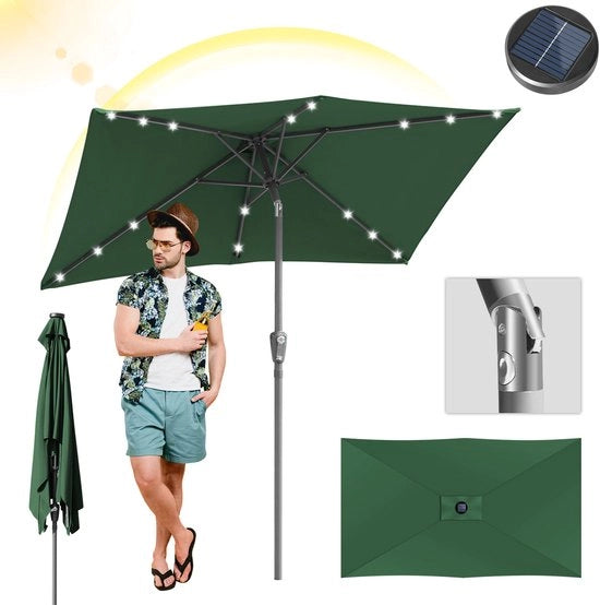 Parasole compatti 1,4 × 2,1 m con luce LED – Costruzione metallica, protezione UV, verde