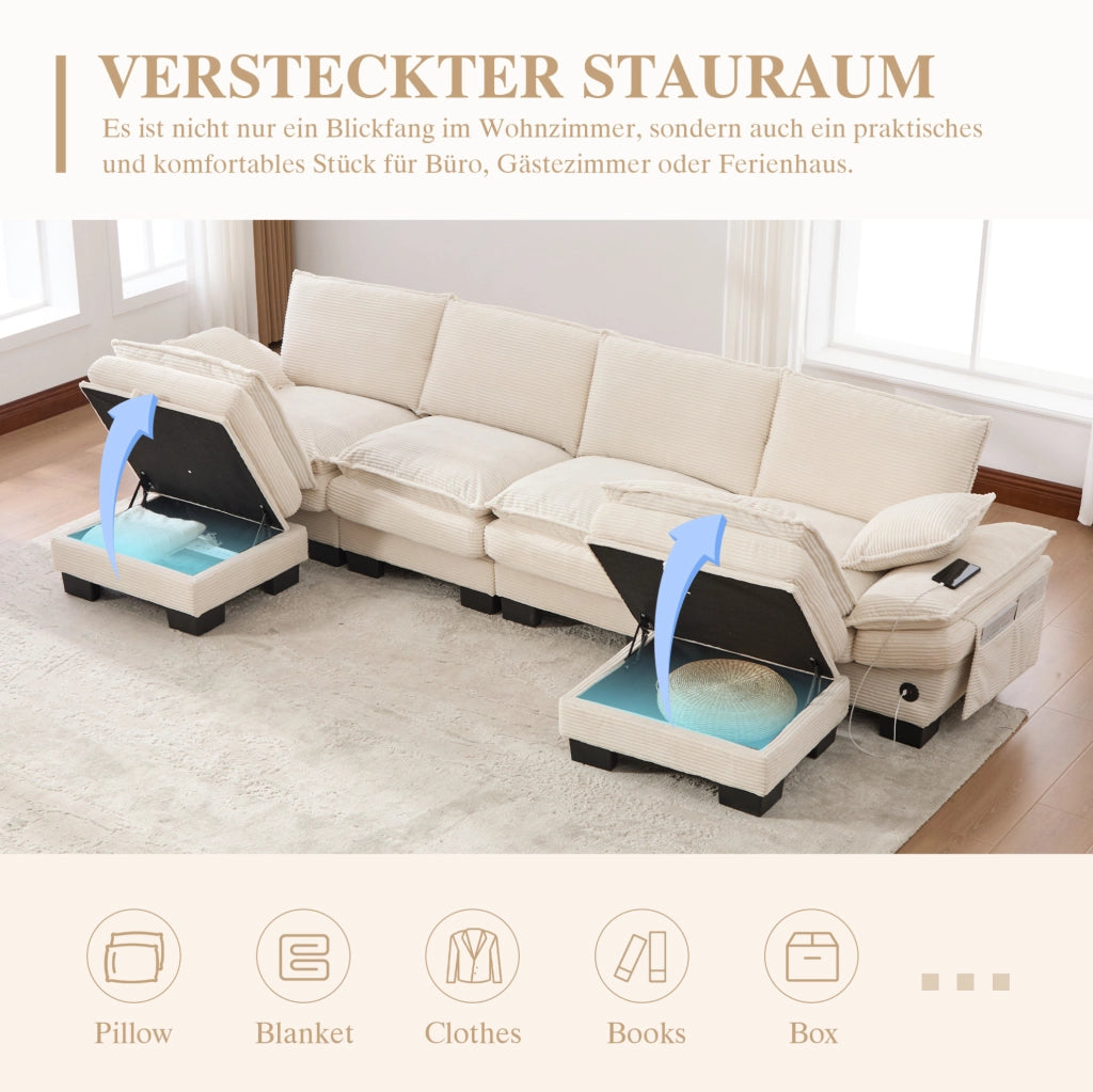 Divano modulare 4 posti con 2 pouf; USB-C e tasche laterali; 330x132x84 cm; velluto a coste beige