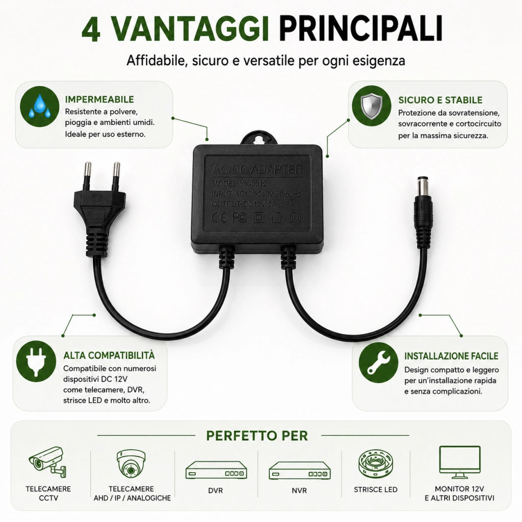 Alimentatore 12V 2A Stabilizzato Impermeabile per Telecamere CCTV LED 5.5x2.1