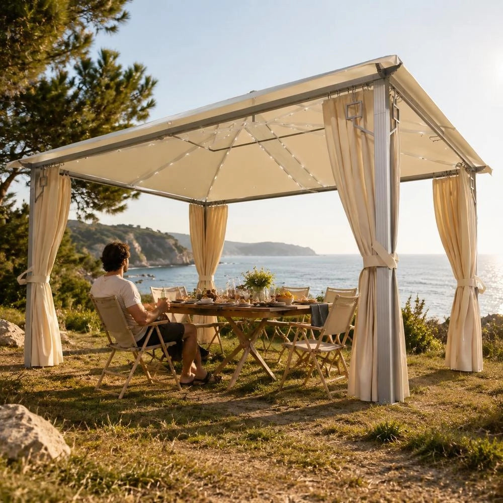 Pavilion With Curtains & LED String Lights 400x300 Cm Cream Aluminum