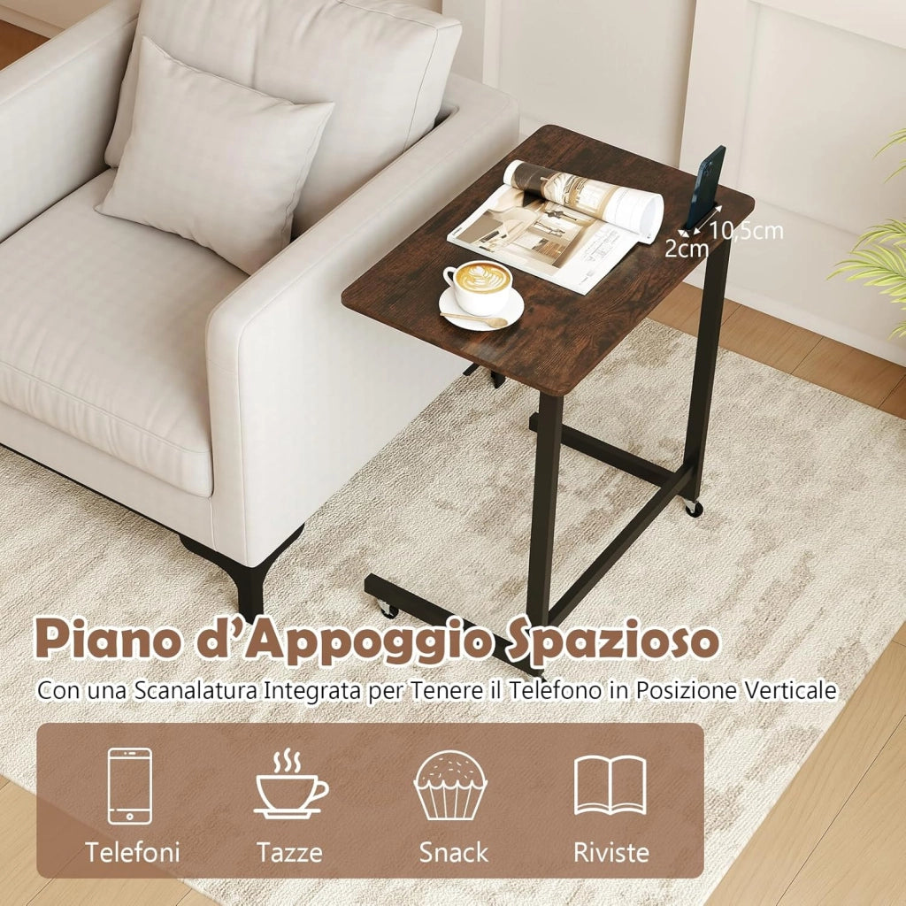 Tavolino da Divano e Letto con 4 Ruote, Tavolino a Forma di C con 2 Ruote Bloccabili e Supporto Integrato per Telefono,Vassoio Salvaspazio e Versatile per Salotto e Camera da Letto