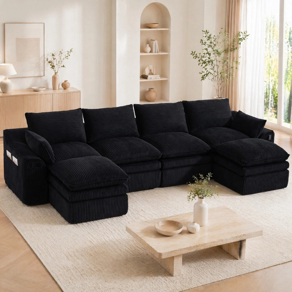 Divano modulare in velluto a coste nero con tasche laterali; cuscini e molle interne 335 × 167 × 85 cm