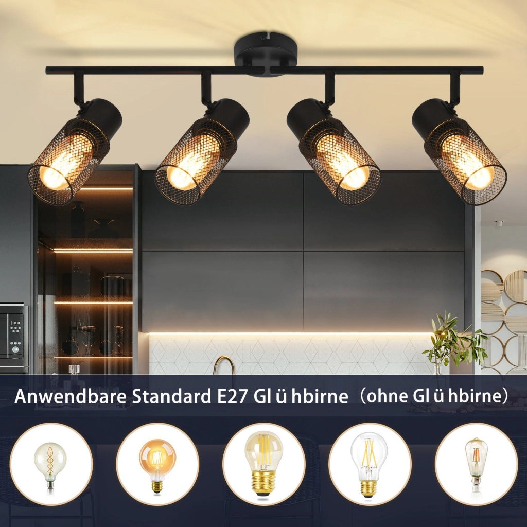 ZMH Faretto da soffitto neri 4 luci E27 pivotanti 330° stile industriale moderno per salotto camera senza lampadina