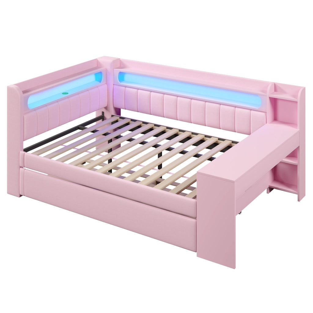 OKWISH Letto Divano Letto 3 Posti con USB, LED Regolabile, Scrivania e Letto Estraibile 140×200 cm e 90×190 cm, senza Materasso