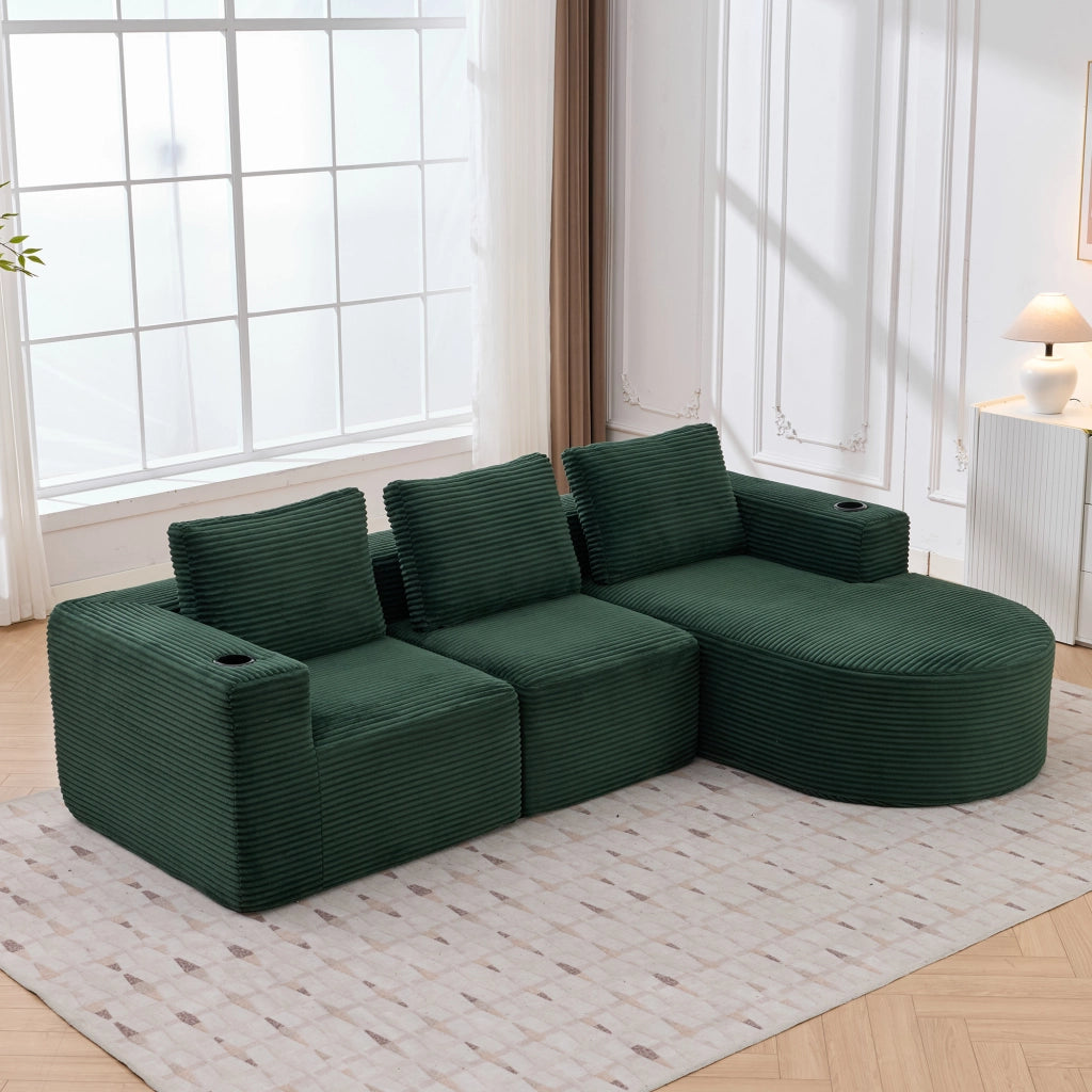 Divano lineare con 3 cuscini e doppi portabicchieri in poliestere imbottito - verde rétro 265×176×60 cm
