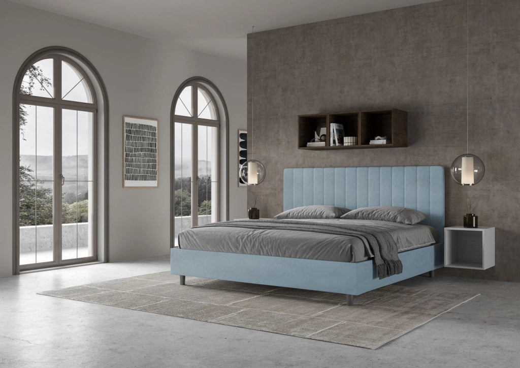 BS COM Letto matrimoniale king size contenitore imbottito 190x210 microfibra azzurro