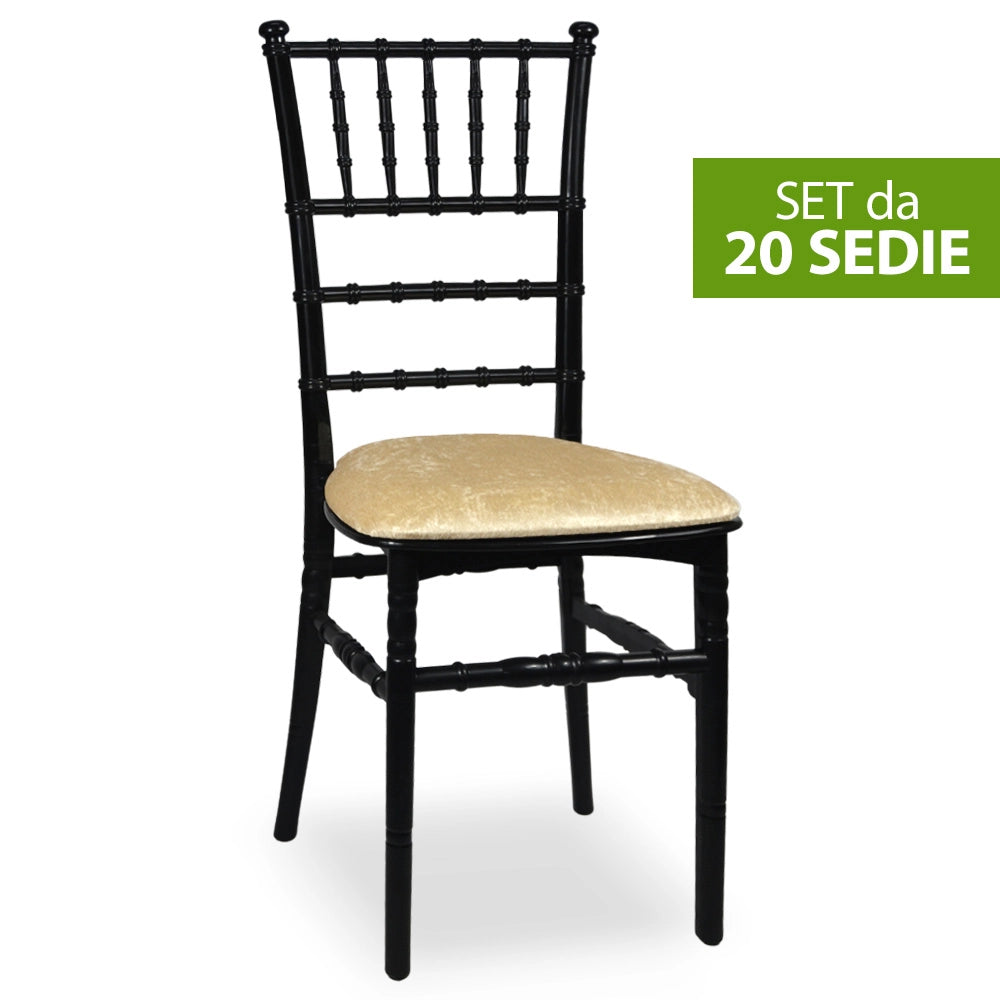 Set da 20 Sedie Chiavarine in Plastica Nere con cuscino coordinato in vellutino