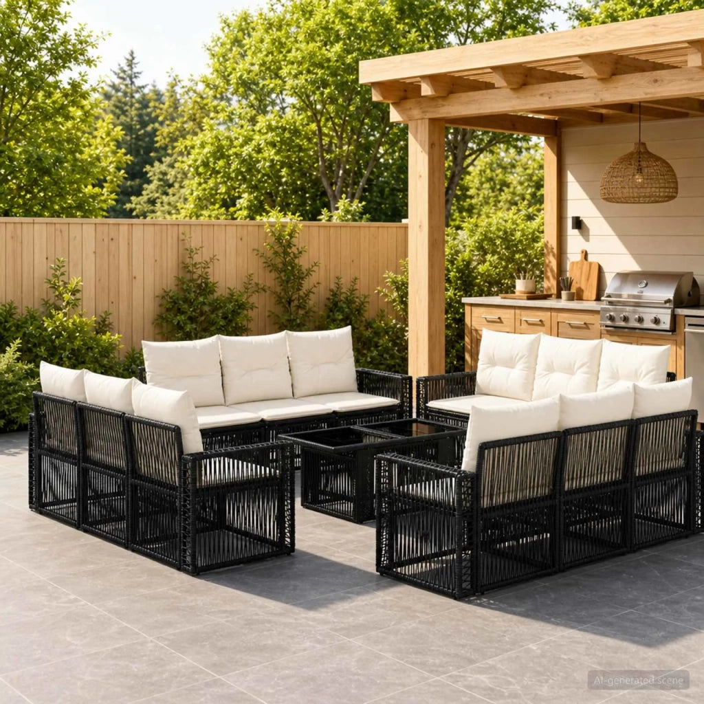 Set Divano da Giardino 13 pz Nero e Bianco Crema polyrattan 3436765