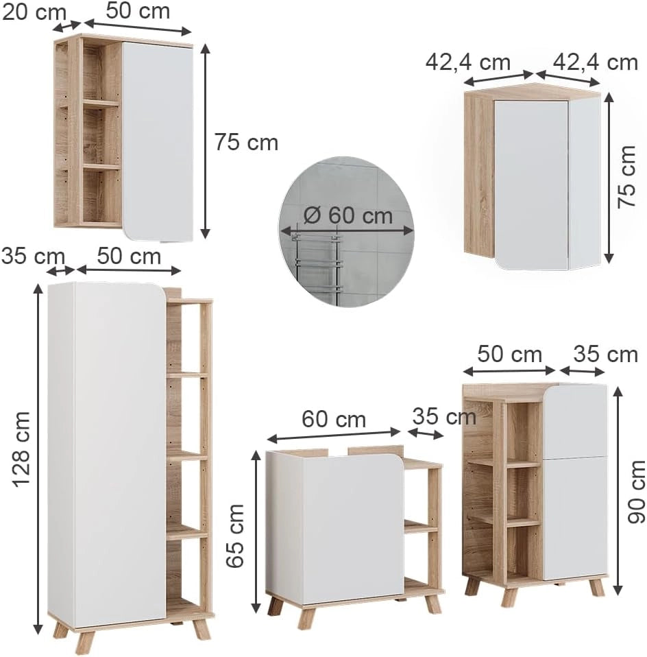 Set di mobili da bagno Karen, Sonoma/Bianco, 60 cm, composto da specchio, pensile, pensile angolare, armadio medio, base lavabo e base