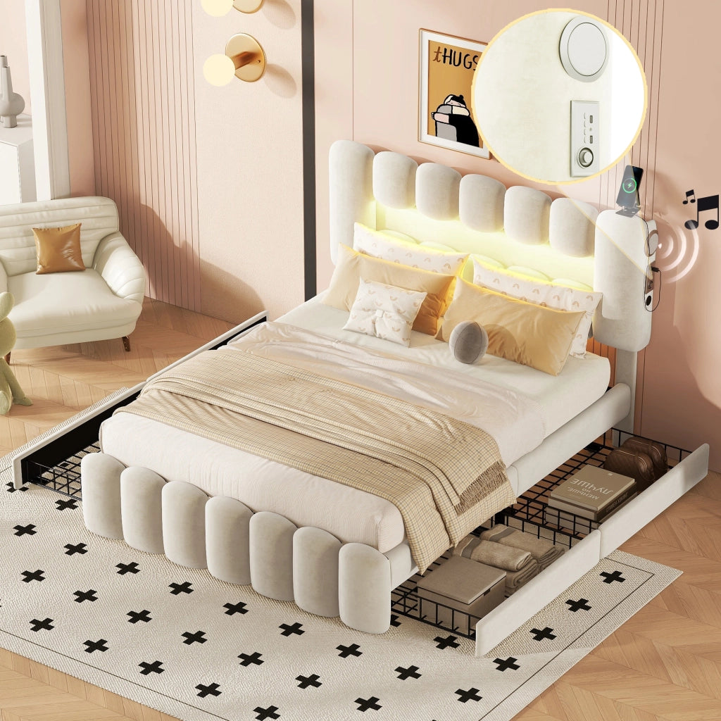 Letto con Cassetti 140×200 cm; Letto Matrimoniale con 4 Cassetti; USB; Altoparlanti e LED; senza Materasso; Beige