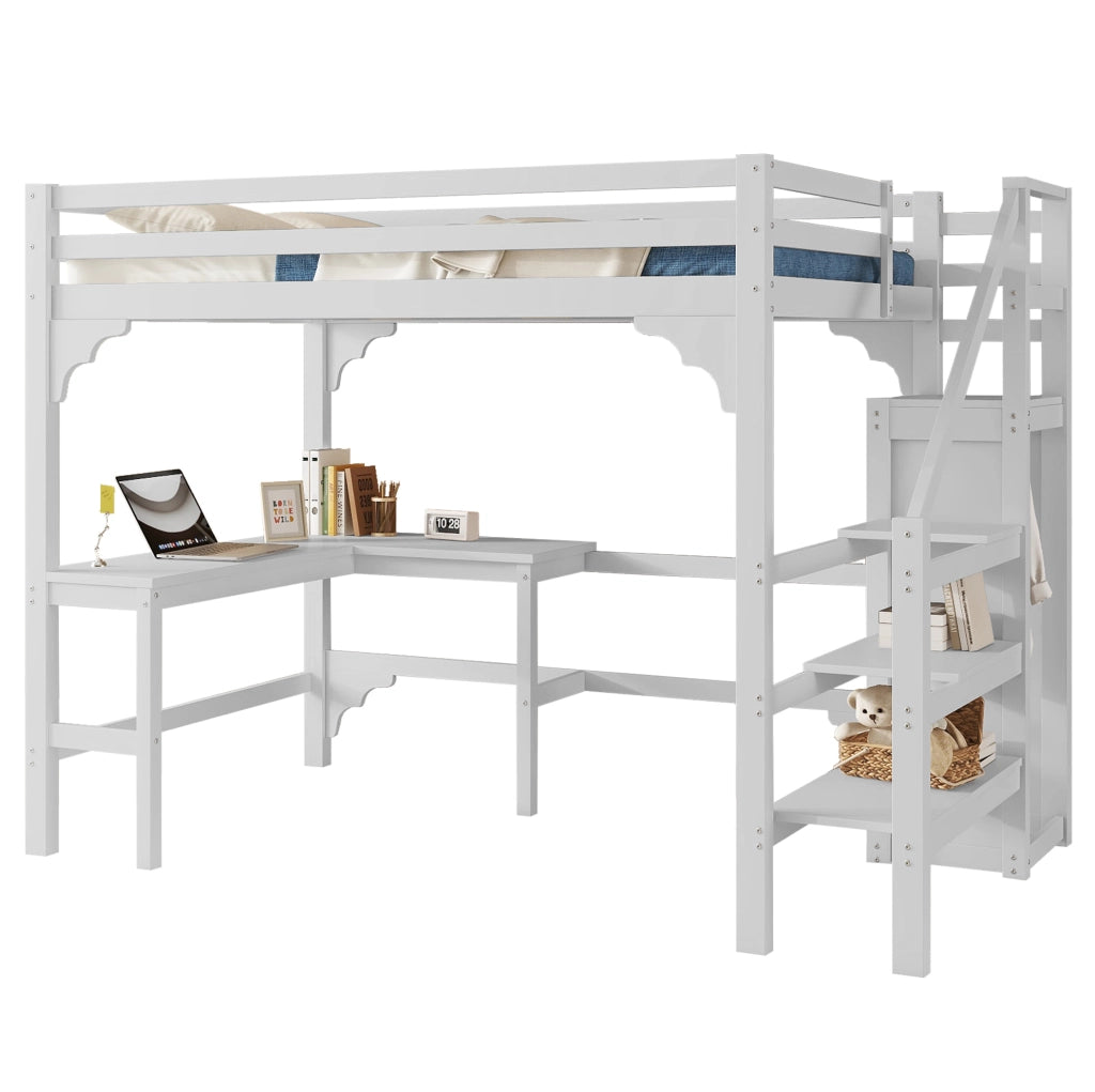 Letto a soppalco 140x200 cm con scrivania ad L e guardaroba aperto in pino bianco