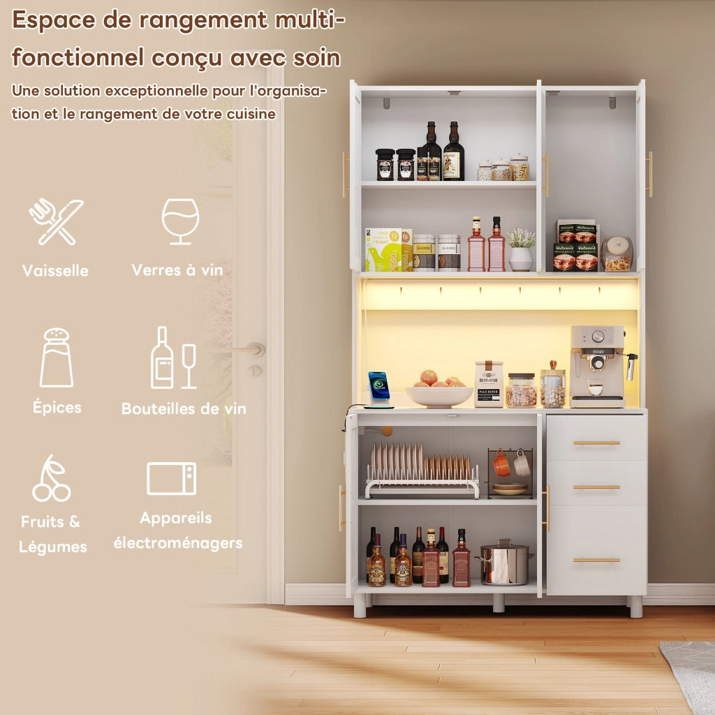 Credenza da Cucina con 5 Ante; 3 Cassetti; 2 Ripiani Regolabili; LED; Prese e USB; in MDF; Bianco