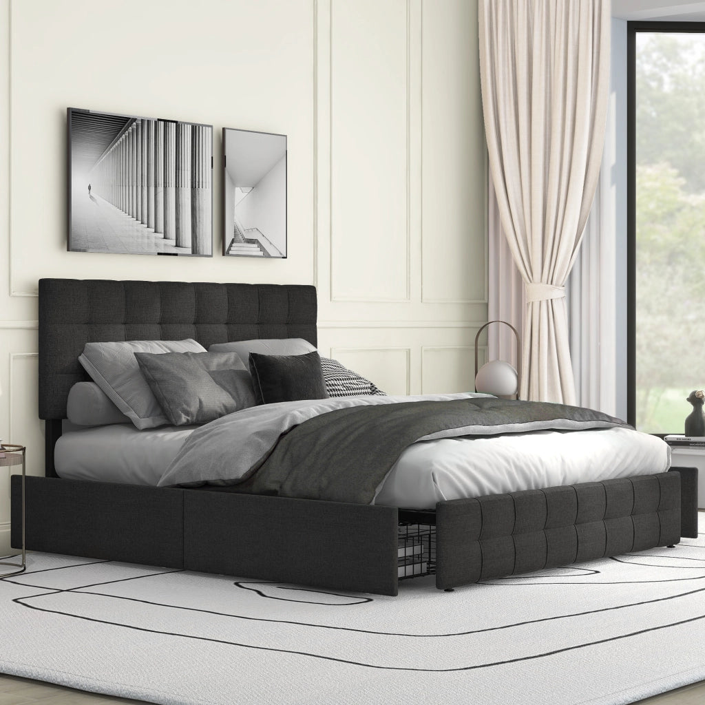 DESMIU Letto con cassetti 140 × 200 cm 2 posti con 4 cassetti, testiera regolabile, senza materasso, nero
