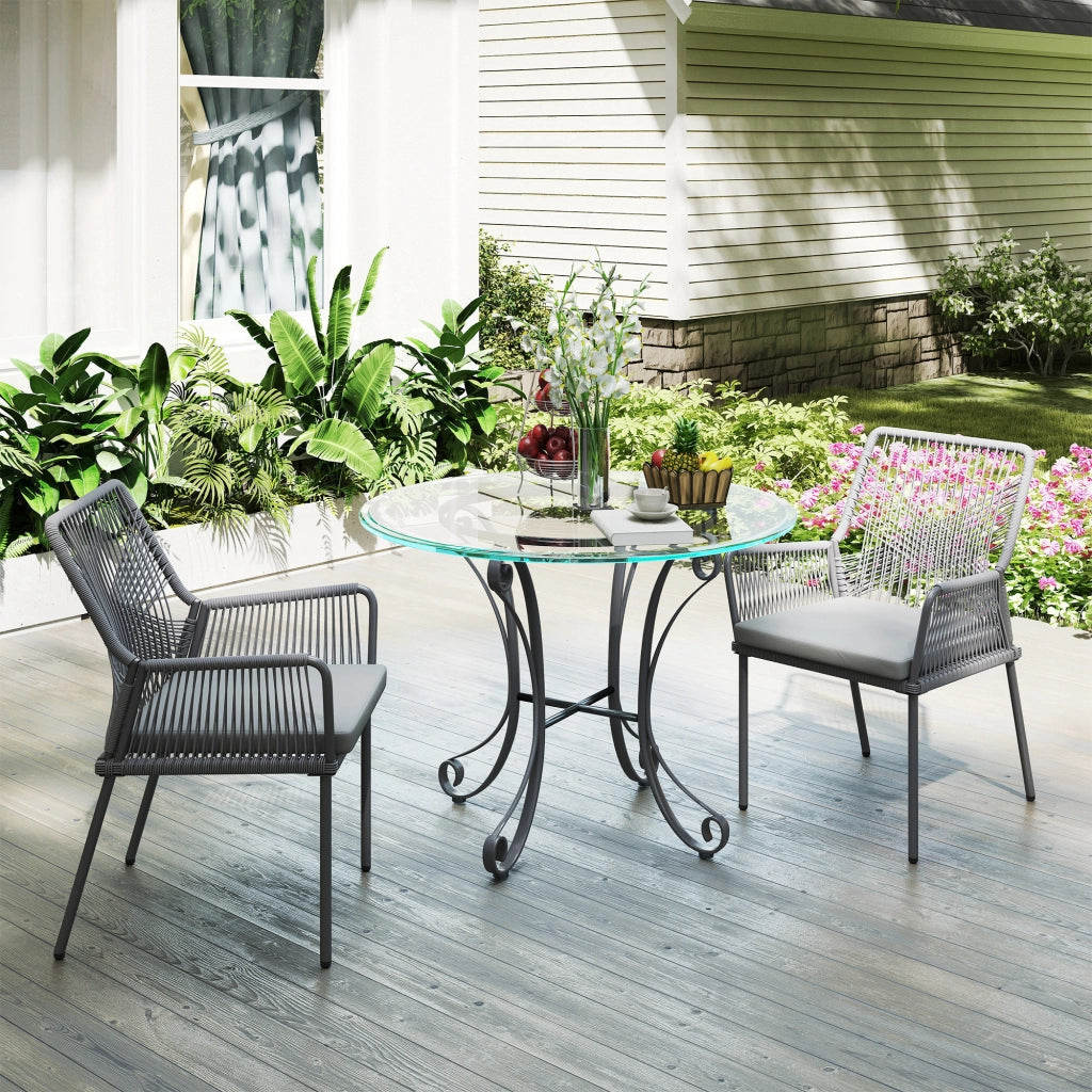 Set di 2 sedie da giardino in rattan e acciaio; cuscini lavabili; braccioli e schienale; Grigio scuro