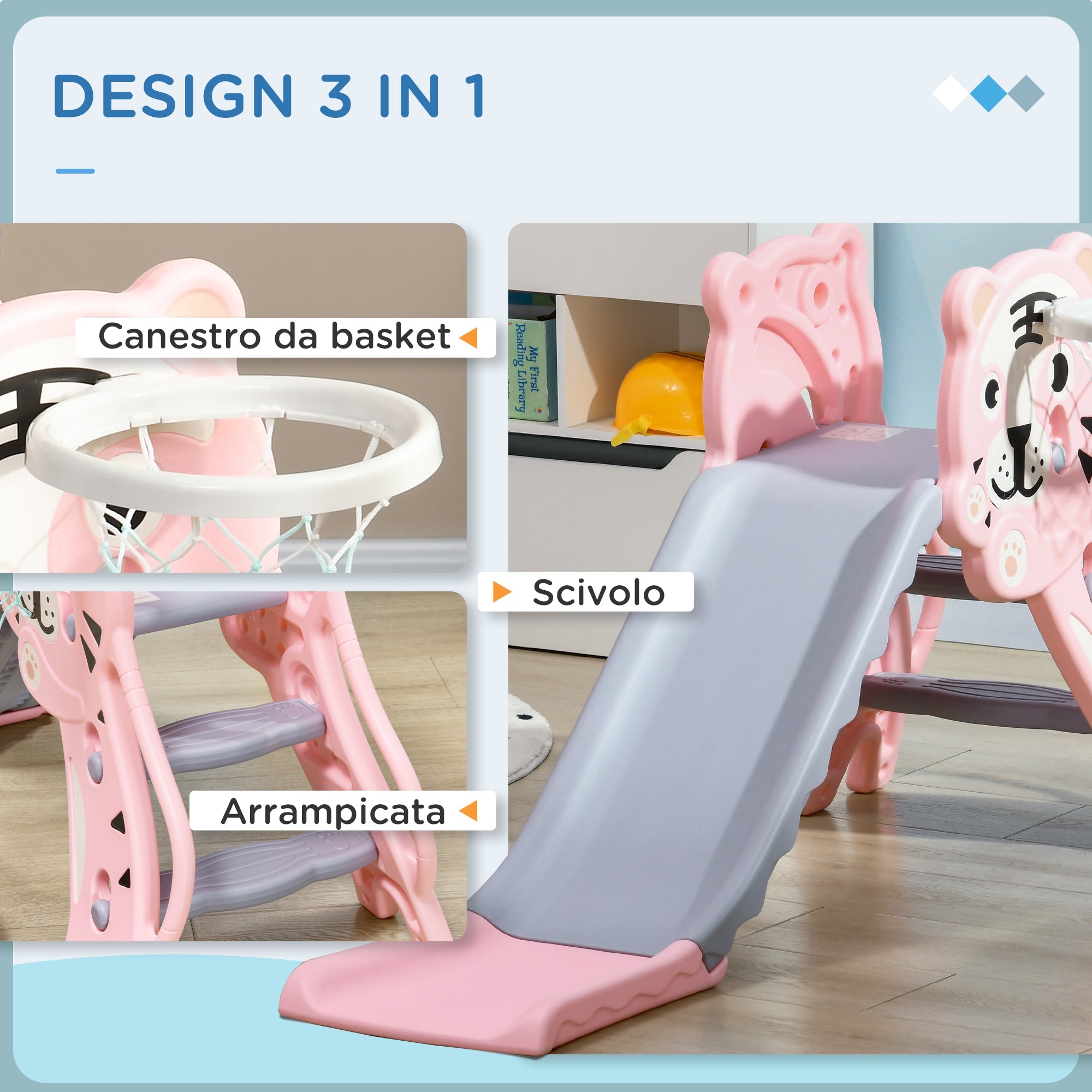 Scivolo per Bambini 18-36 Mesi 133x60x70 cm con Canestro da Basket Rosa e Grigio