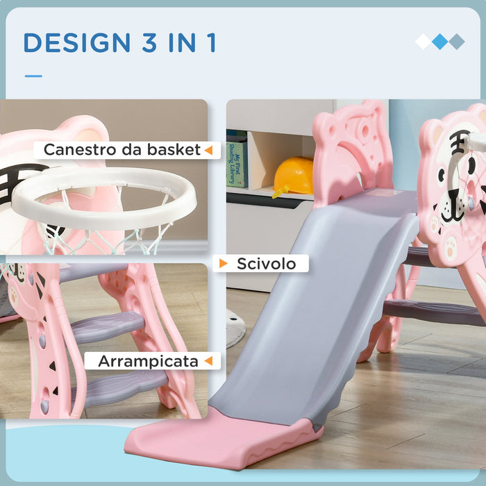 Scivolo per Bambini 18-36 Mesi 133x60x70 cm con Canestro da Basket Rosa e Grigio