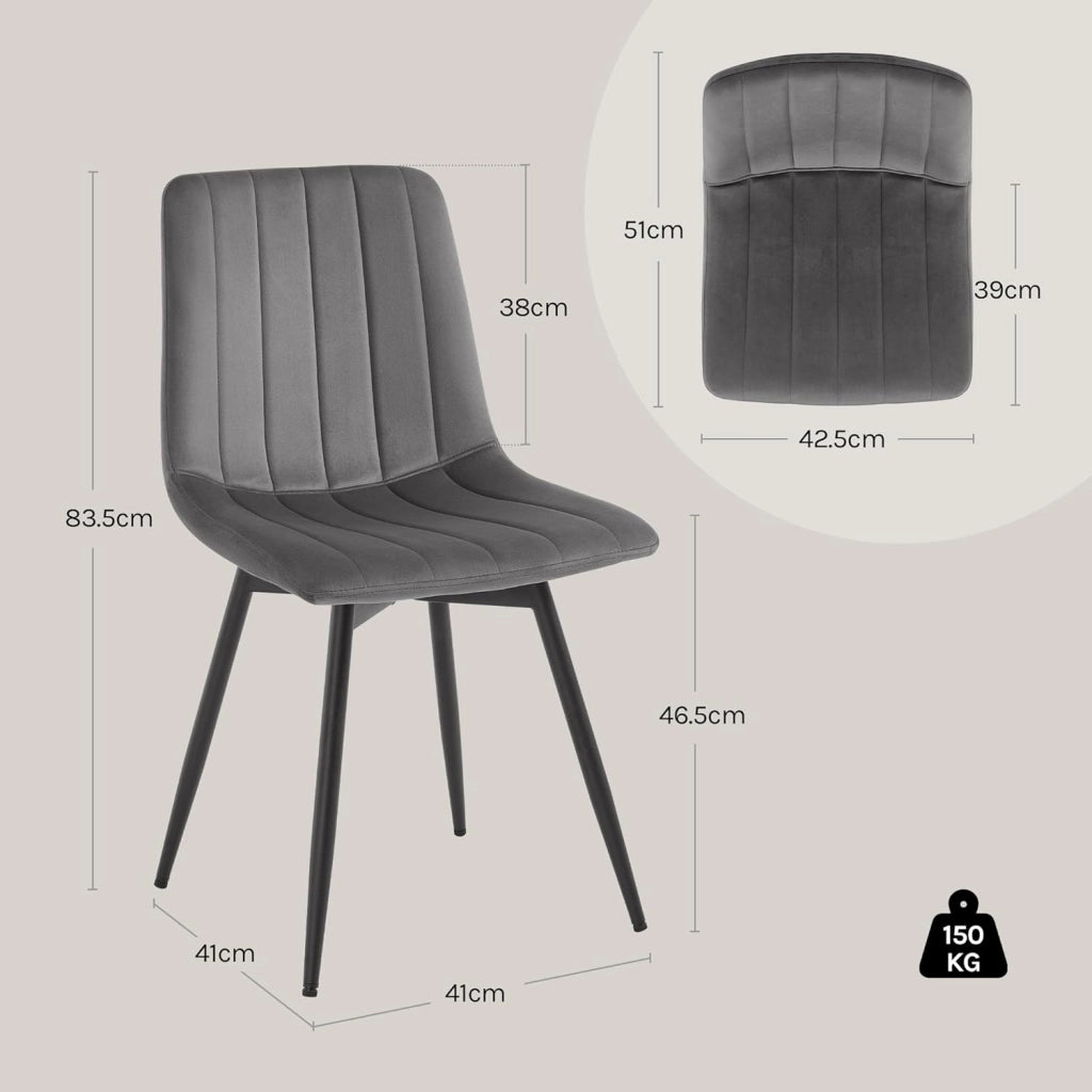 Set di 4 Sedie Sala da Pranzo, Sedie da Cucina con Schienale, per Sala da Pranzo/Soggiorno/Camera da Letto, Sedile Imbottito, Gambe in Metallo, Velluto, Grigio Scuro