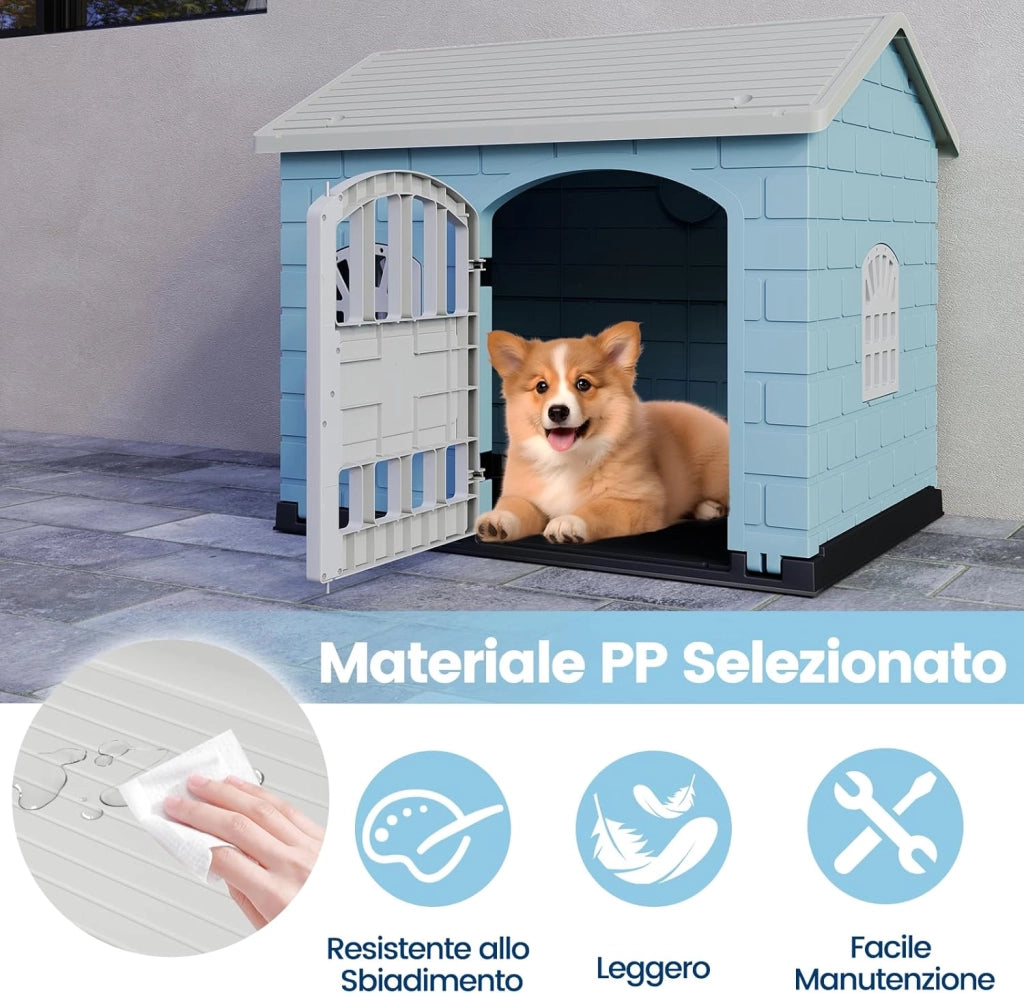 Cuccia per Cani da Esterno ed Interno, Casetta per Cani con Porta Bloccabile, 3 Finestre e Tetto Inclinato, Cucce in Plastica Impermeabile per Cagnolini Piccoli, 75 x 58 x 65 cm (Blu)