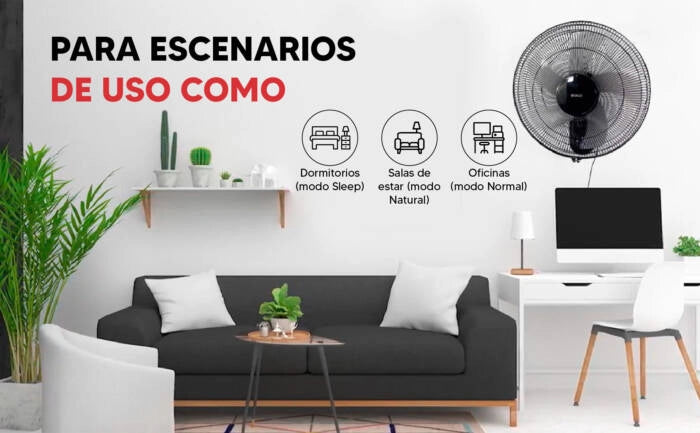 Ventilatore da parete 40 cm con oscillazione, 3 velocità e 5 pale 50W con tiranti comando e inclinazione regolabile - Sogo