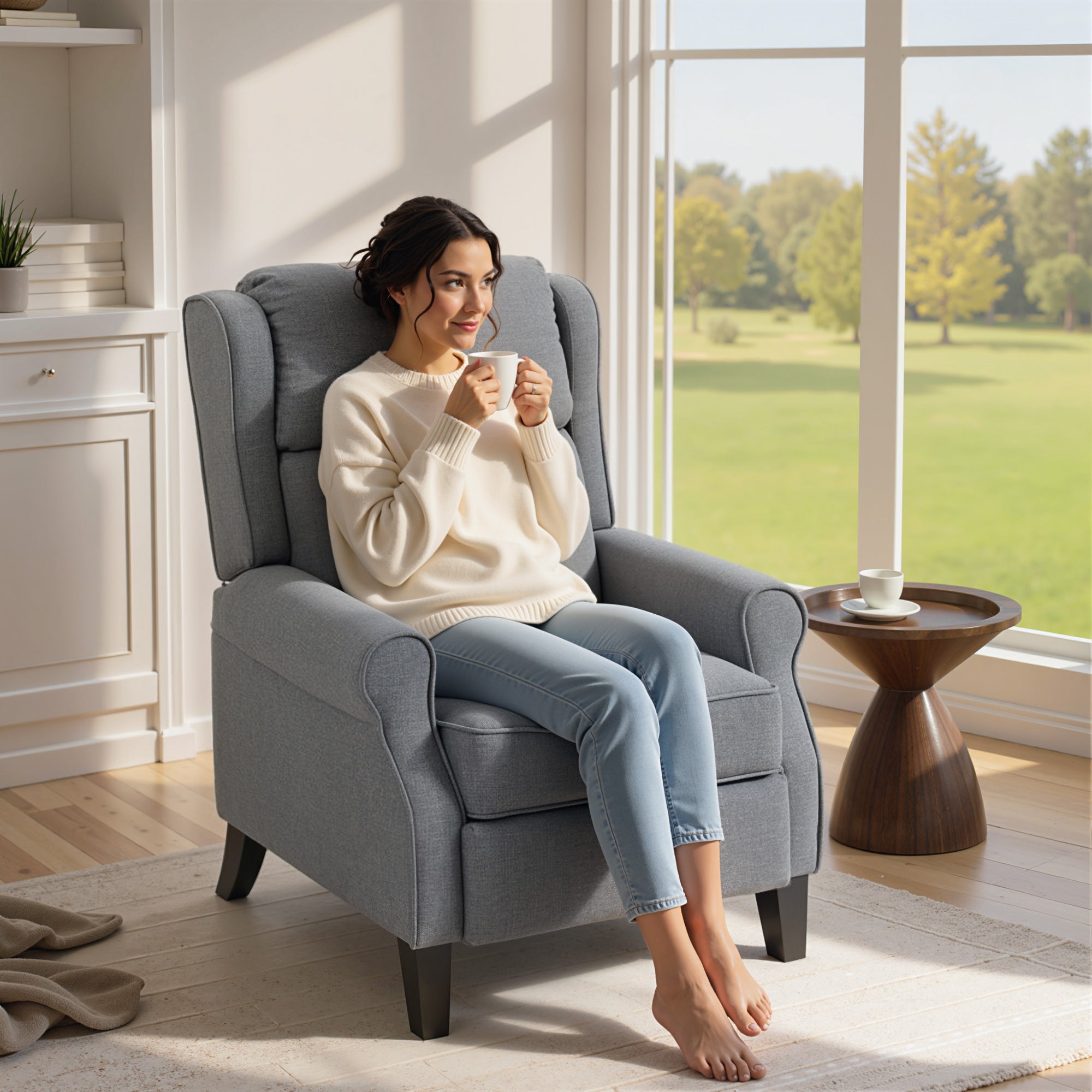 Poltrona Reclinabile 132° Max 74x84x102 cm in Tessuto Effetto Lino con Poggiapiedi Grigio