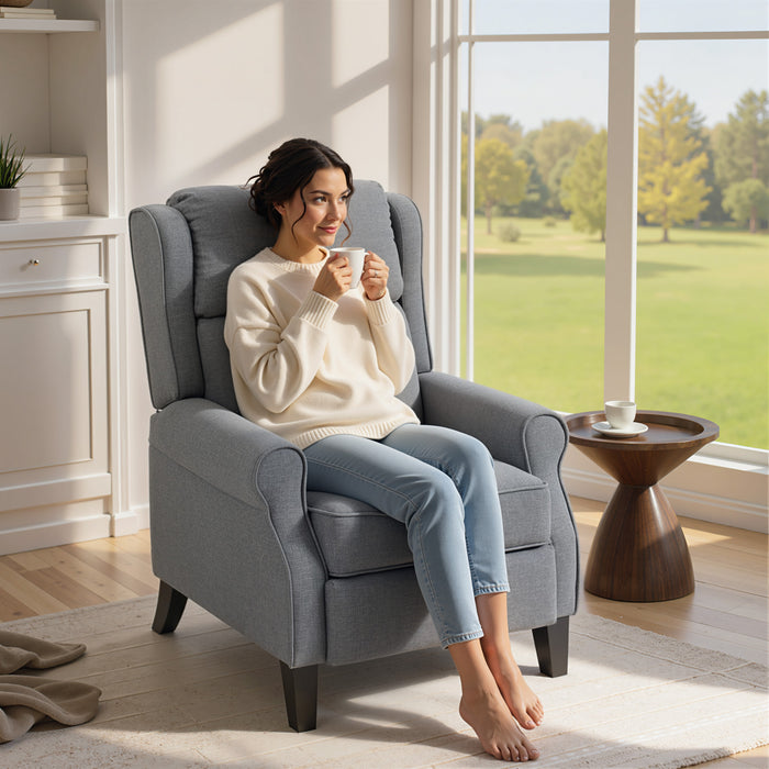 Poltrona Reclinabile 132° Max 74x84x102 cm in Tessuto Effetto Lino con Poggiapiedi Grigio