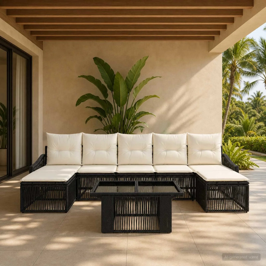 Set Divano da Giardino 8 pz Nero e Bianco Crema polyrattan 3437290