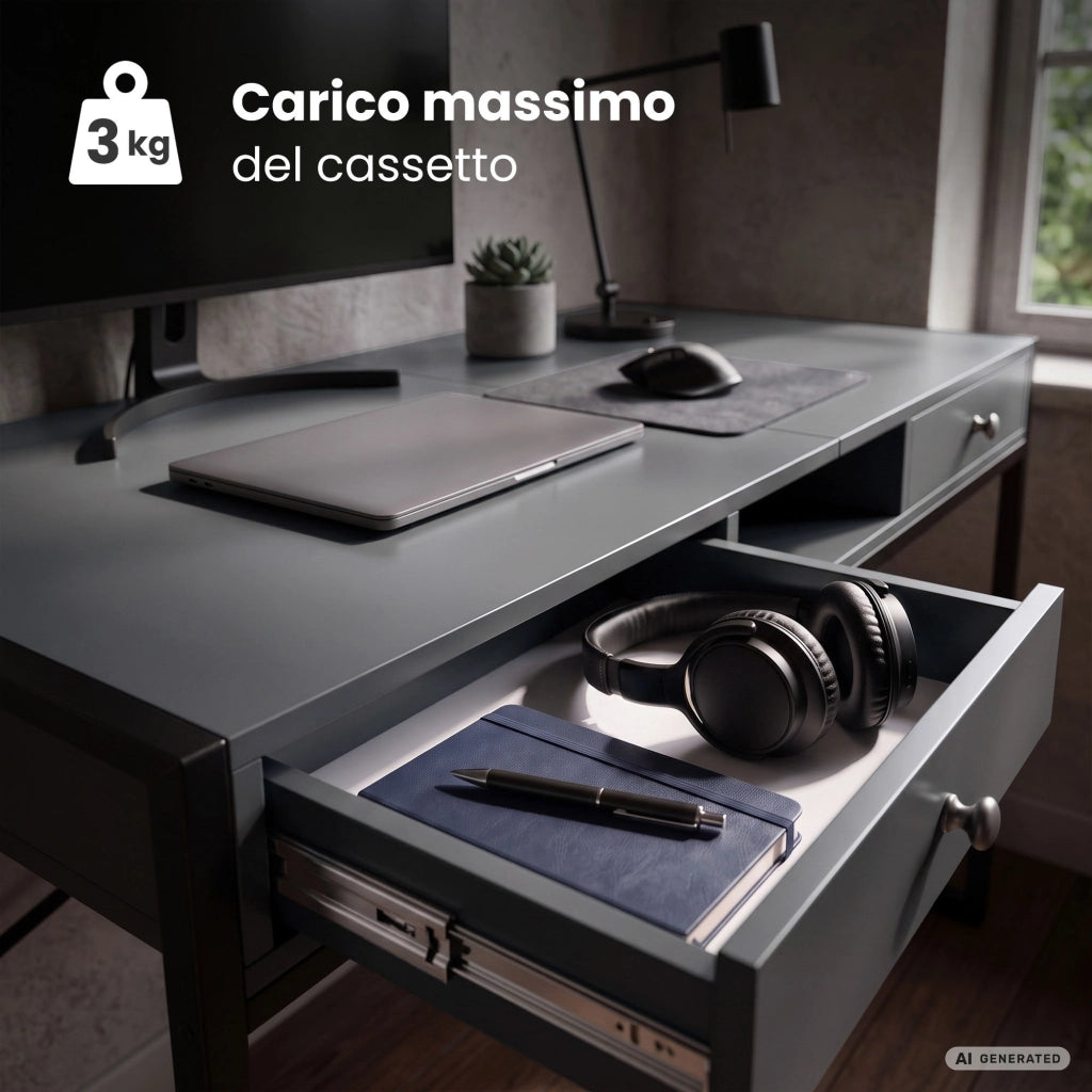 Scrivania industriale per computer Grafite ELONIS 123 cm 2 cassetti 1 ripiano gambe nere