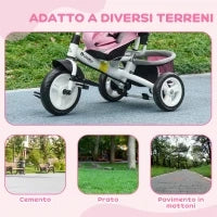 Triciclo per Bambini 1-5 Anni con Maniglione e Tettuccio Regolabile, 102x49x102 cm, Bianco e Rosa
