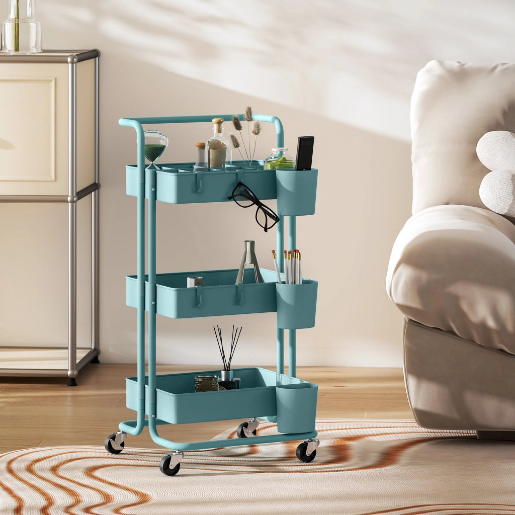 Carrello a 3 livelli con 4 ganci e 3 contenitori sospesi ¨C zephmum ¨C 42x38x86,5 cm blu-verde