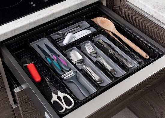 Organizzatore di Cucina Estensibile con 6-8 Compartimenti di Cottura in Nera e Grigio - Premium tocco morbido - Organizzatore di Cucina - 6-8 sezioni