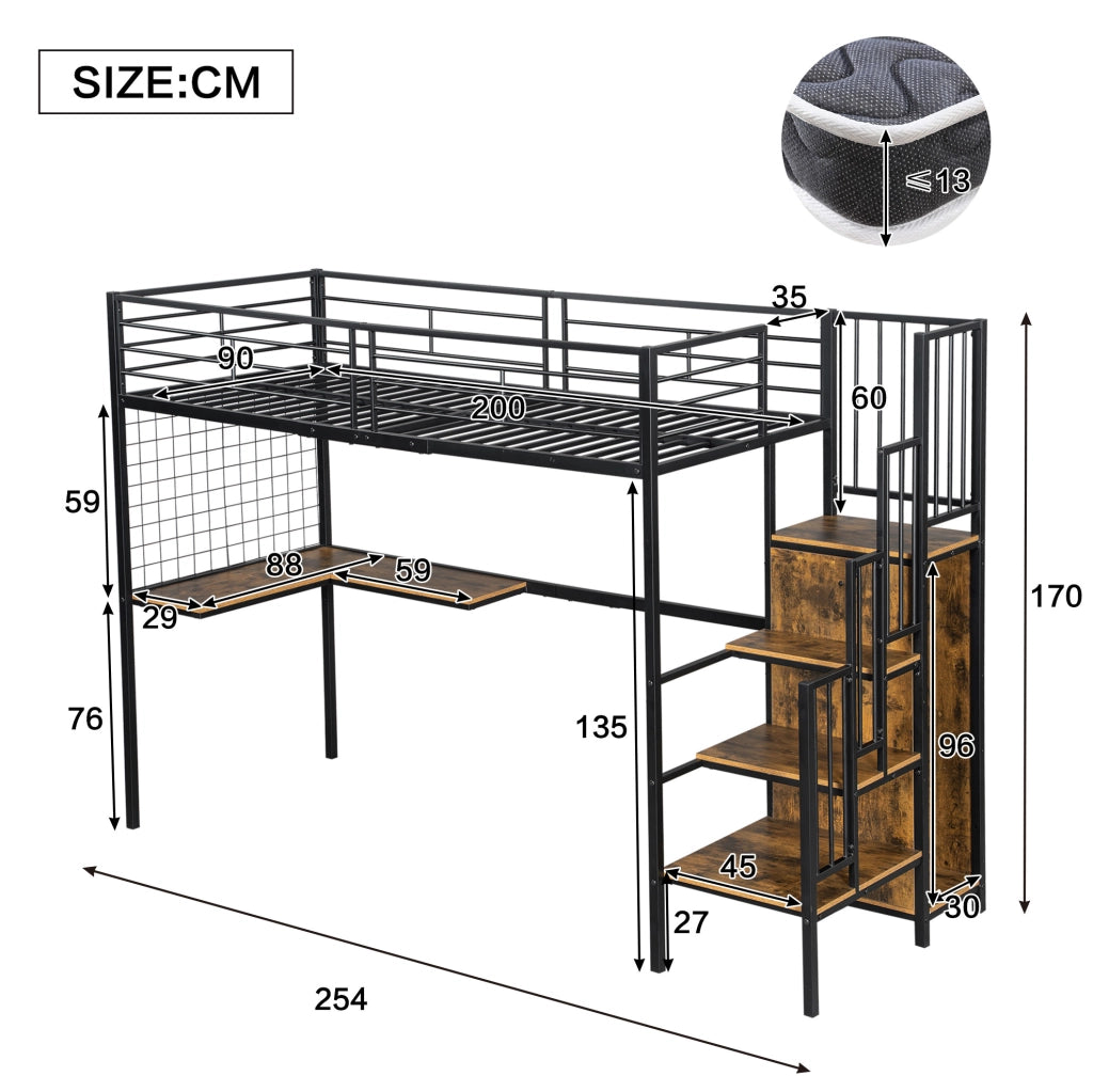 Letto a soppalco 90x200 cm con armadio integrato e scala laterale; MDF e metallo; nero noce scuro