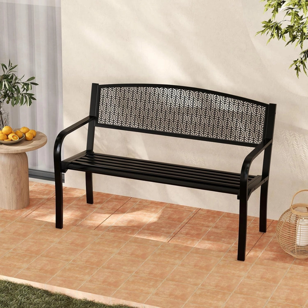 Panca da Esterno 2-3 Posti 128 cm, Panca in Metallo con Braccioli Curvi e Schienale alla Moda, Panchina Moderna in Metallo per Parco, Cortile e Giardino (Nero, 128 x 60 x 86.5 cm)
