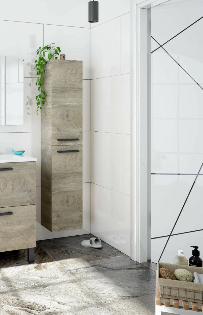 Colonna Bagno Notte, Mobile a colonna per bagno a 2 ante, Armadio pensile sospeso con 2 ripiani, cm 30x25h150, Rovere