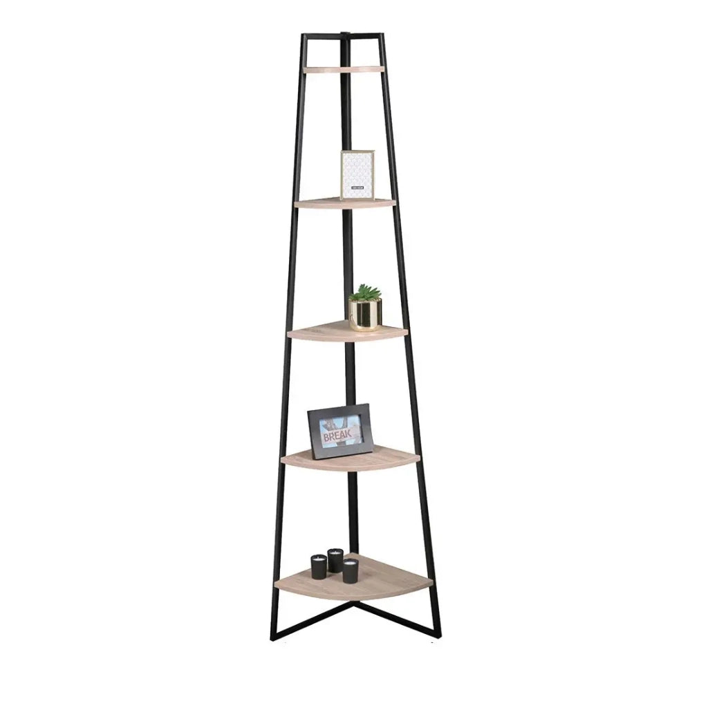 Scaffale angolare a 5 ripiani collezione HOLBORN – Stile industriale, colore rovere e nero