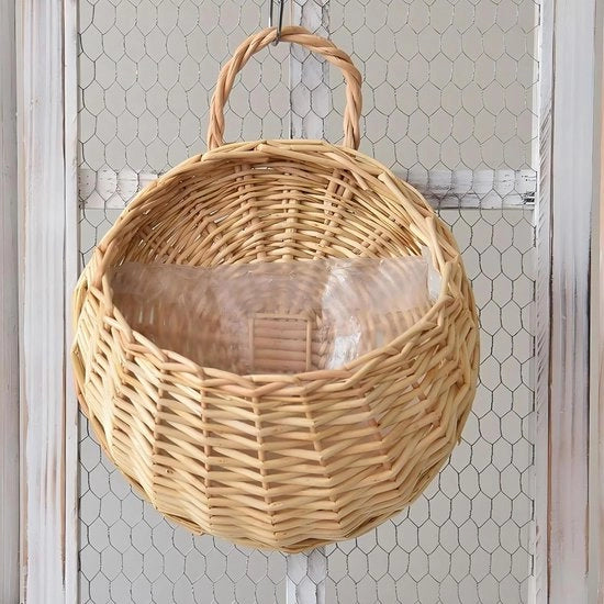 Cesto a Sospensione in Rattan per Fiori con Borsa per Interni Esterni Matrimoni (Bianco Sabbia 23×18cm)