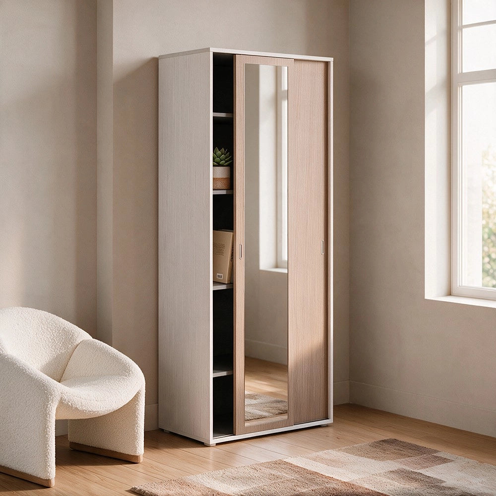 Armadio due ante con specchio scorrevoli 90x43x212h con ripiani colore bianco frassinato e olmo