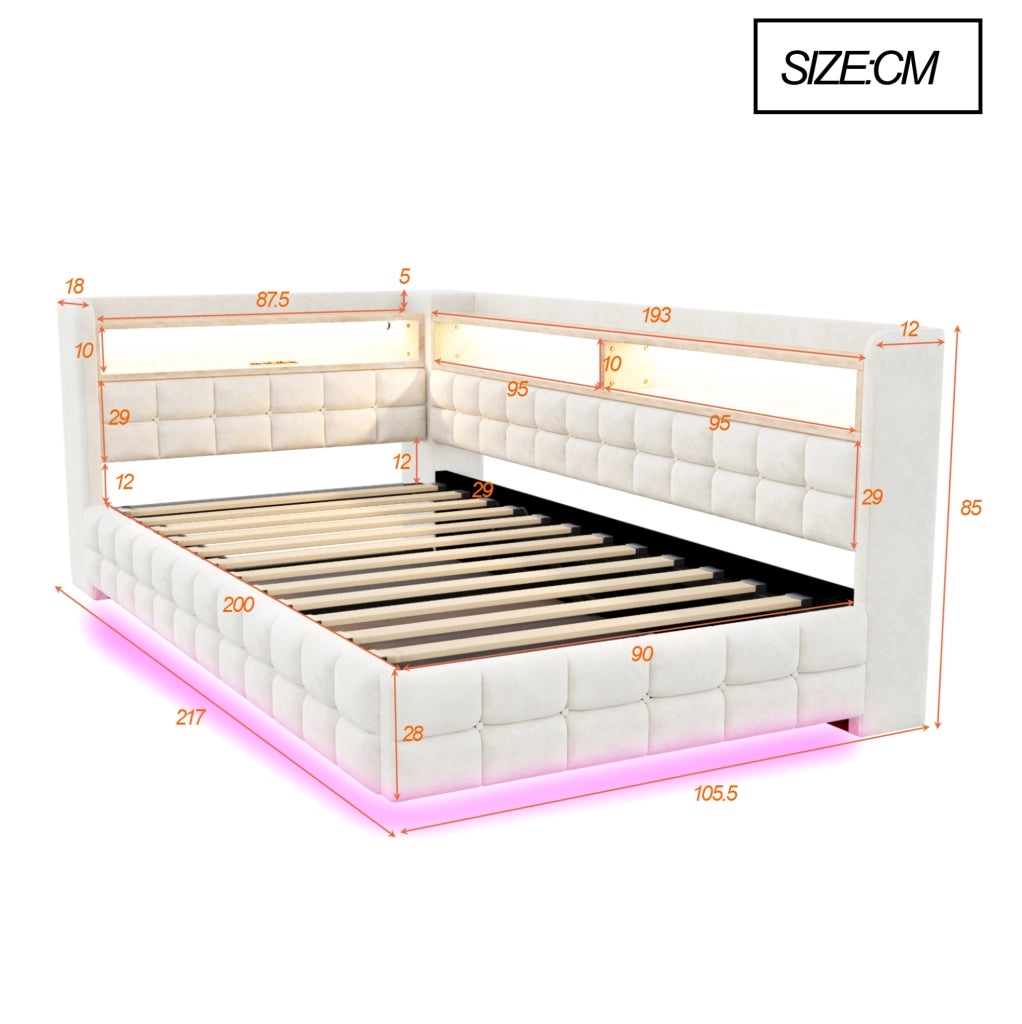 Letto imbottito multifunzione 90x200 cm con contenitore, LED e prese