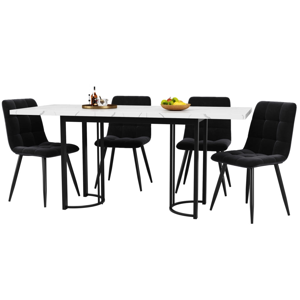 Set da pranzo 5 pezzi; tavolo allungabile 140x80x75.5 cm in MDF e metallo; nero e bianco