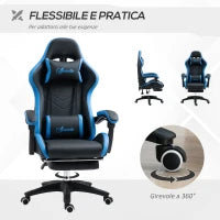 Sedia da Gaming con Altezza Regolabile e Schienale Reclinabile, 65x65x121-129 cm, Blu e Nero
