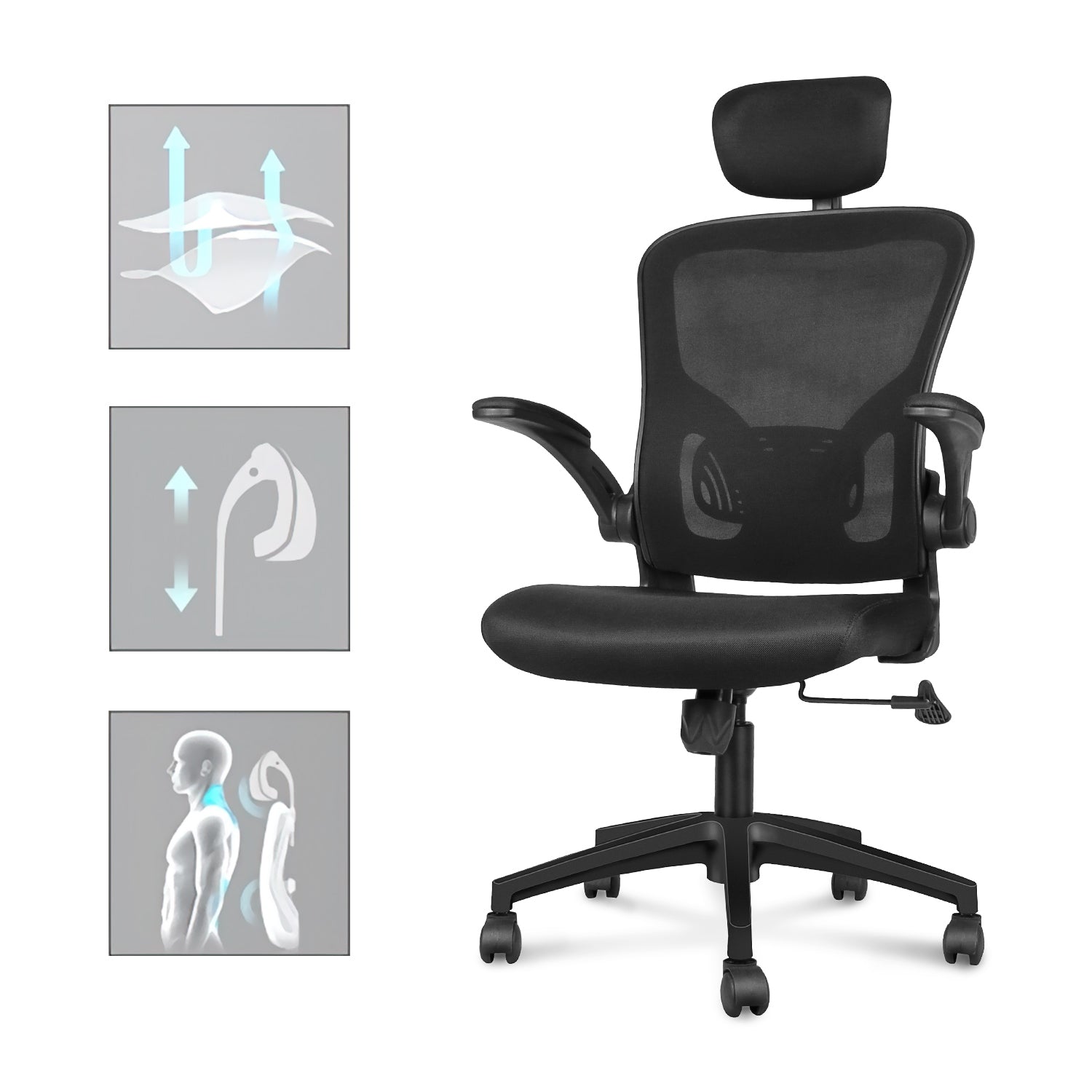 Sedia ufficio ergonomica - RATTANTREE  - Sedie da scrivania con Supporto Lombare e Poggiatesta Regolabile - Nero
