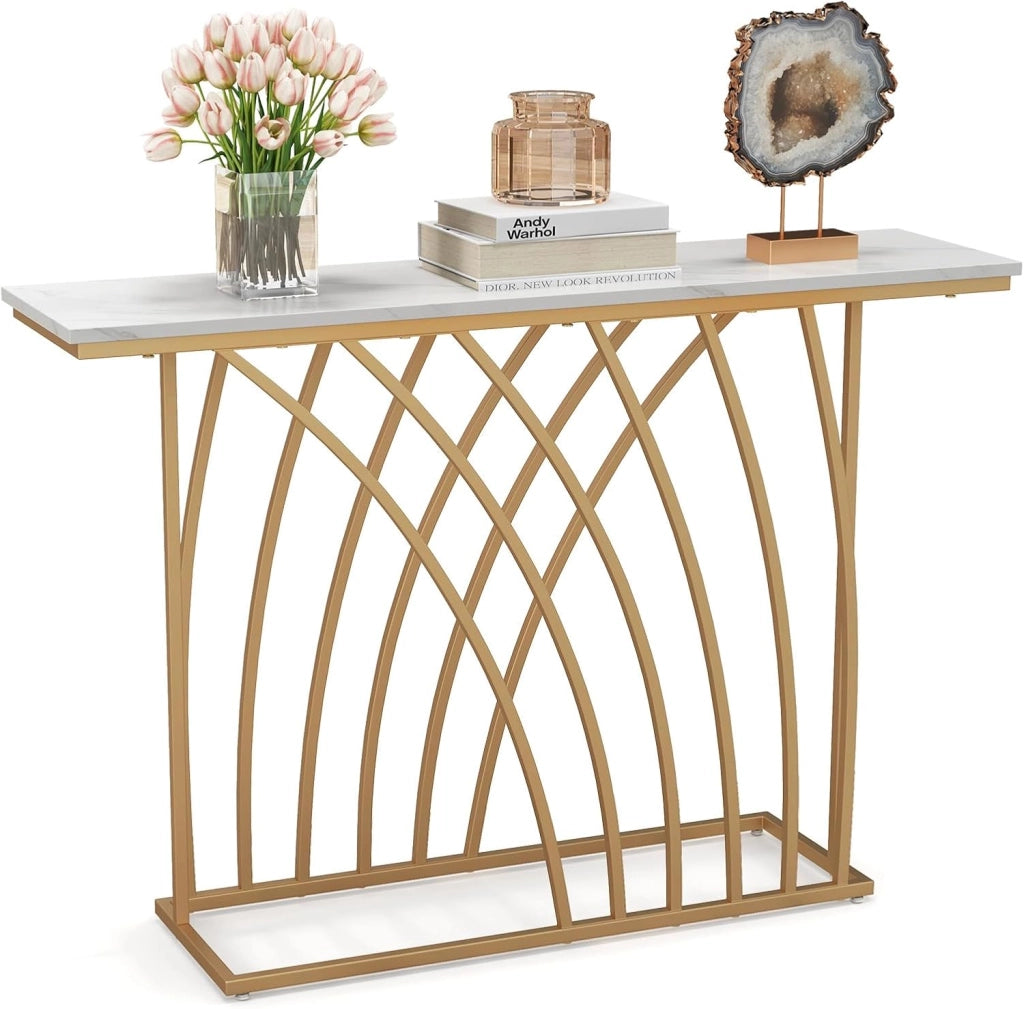 Tavolo Consolle, Tavolo da Ingresso Moderno con Piano Effetto Marmo Bianco, Base Geometrica, Tavolo Lungo e Stretto da Divano per Soggiorno e Ingresso
