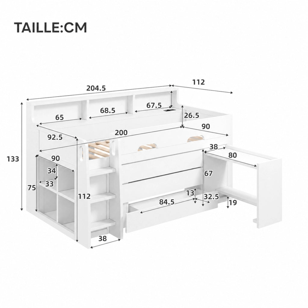 Letto a soppalco basso 90 × 200 cm con 3 cassetti, scrivania mobile, ripiani e LED, senza materasso, bianco