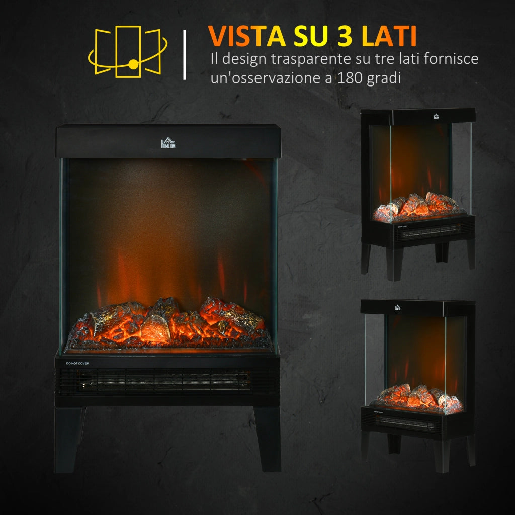EasyComfort Camino Elettrico 1000W / 2000W con Fiamma LED Realistica e Controllo Temperatura, 40.5x20x62 cm, Nero