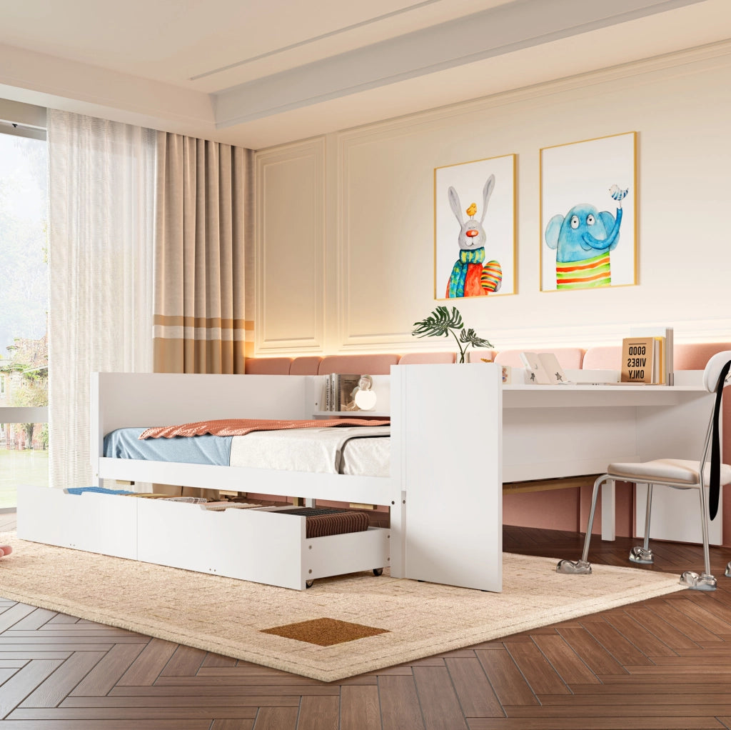 Letto multifunzione 140x200 cm con scrivania, ripiani e 2 cassetti